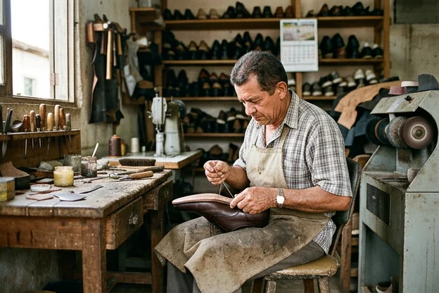 Um sapateiro reformando um sapato social em Itaituba.