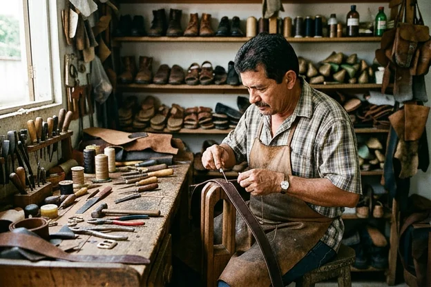 Um sapateiro consertando um cinto de couro em Itaituba.