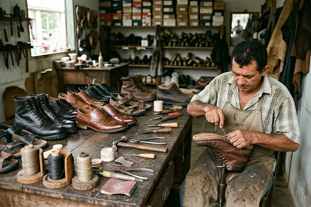 Calçados reformados e consertados em uma mesa de trabalho de sapateiro em Itaituba.