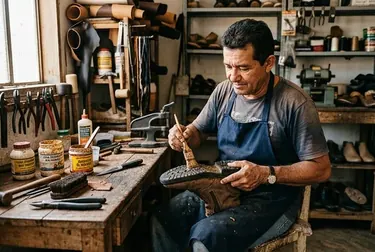 Um sapateiro colando a sola de um sapato em Itaituba.
