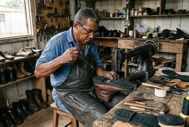 Um sapateiro realizando a troca de solado em um sapato em Itaituba.