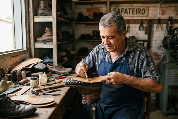 Um sapateiro trocando palmilhas em um sapato em Itaituba.