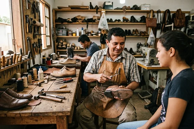 Funcionários atendendo clientes em um ambiente de trabalho de sapateiro em Itaituba, focando no atendimento profissional.