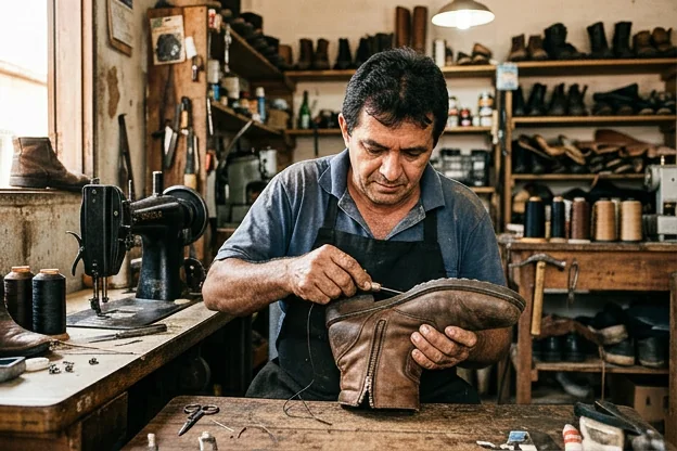 Um sapateiro consertando o zíper de uma bota em Itaituba.
