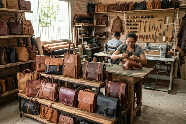 Várias bolsas de couro expostas em Itaituba, mostrando variedade de design.