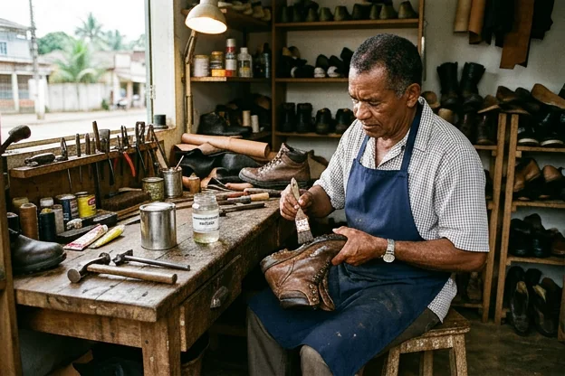 Um sapateiro aplicando impermeabilizante em um sapato em Itaituba.