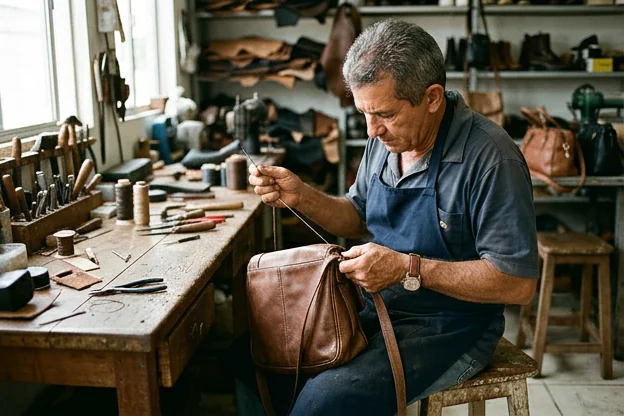 Um sapateiro reformando uma bolsa de couro em Itaituba.