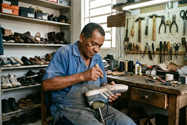 Um sapateiro realizando reparo em um tênis em Itaituba.